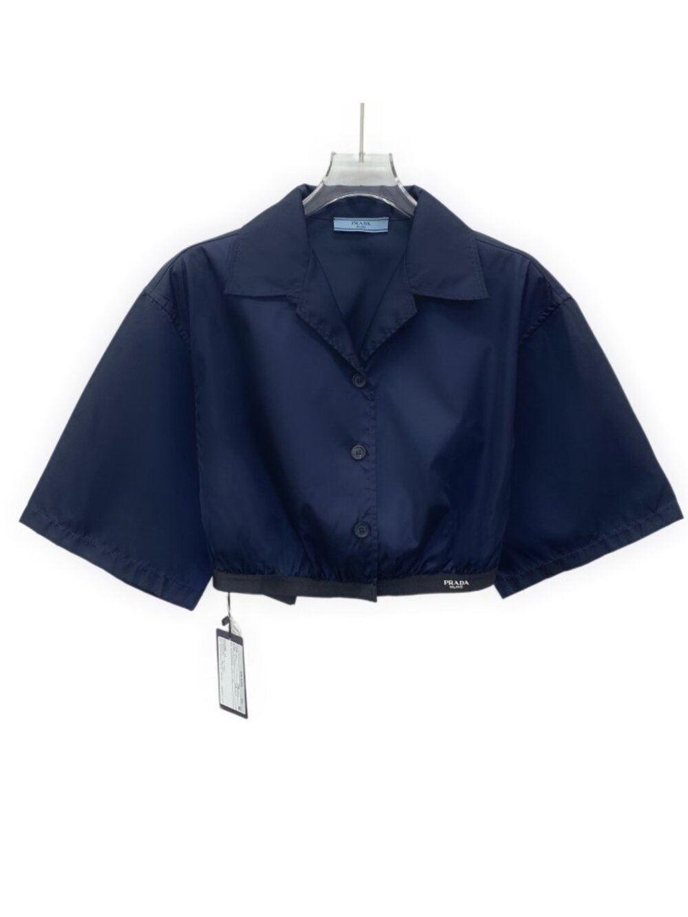 Prada 2022 Navy Blue Logo-Hem Short-Sleeve Shirt